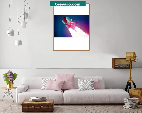 Whimsical rocketship graphic launching into outer space with stars and planets