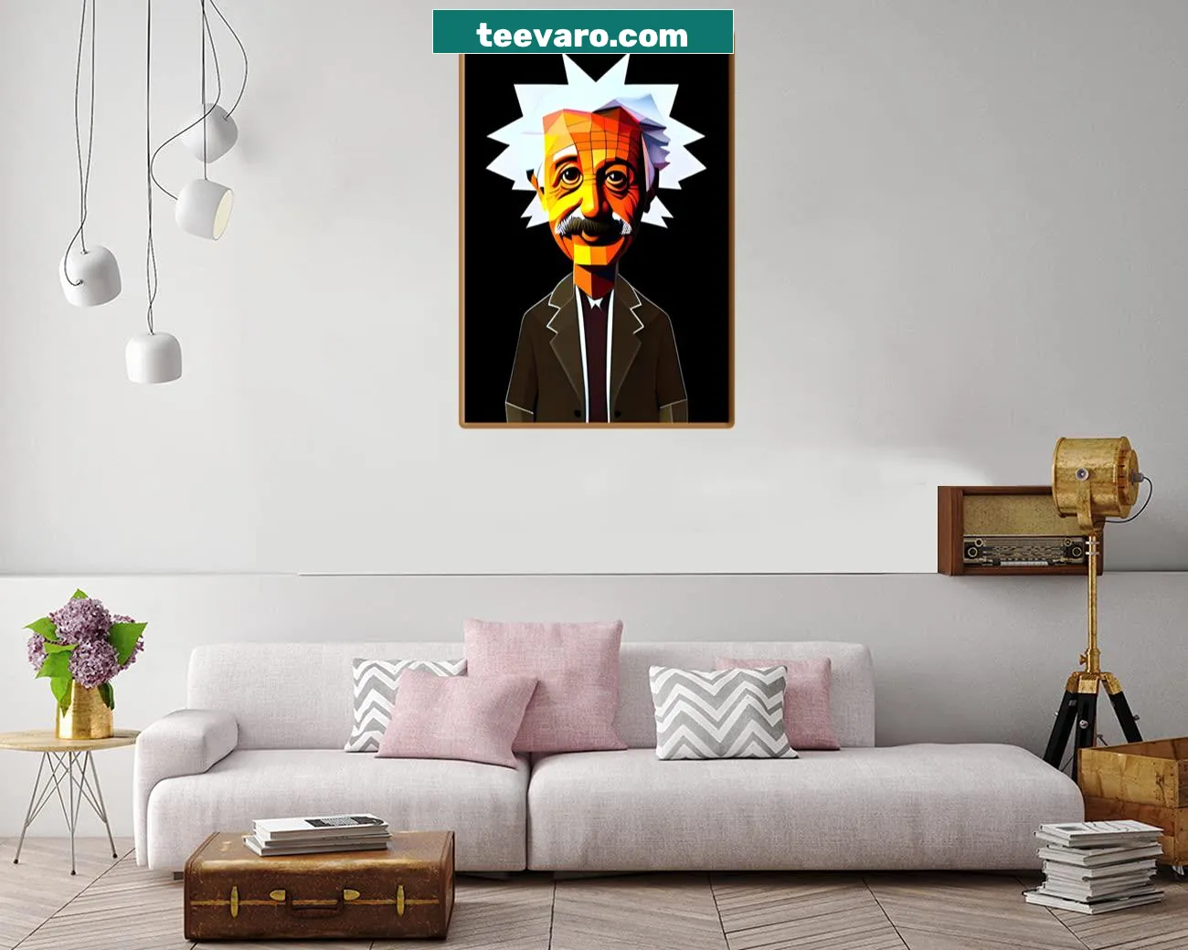 Realistic canvas print of Albert Einstein in a brown coat