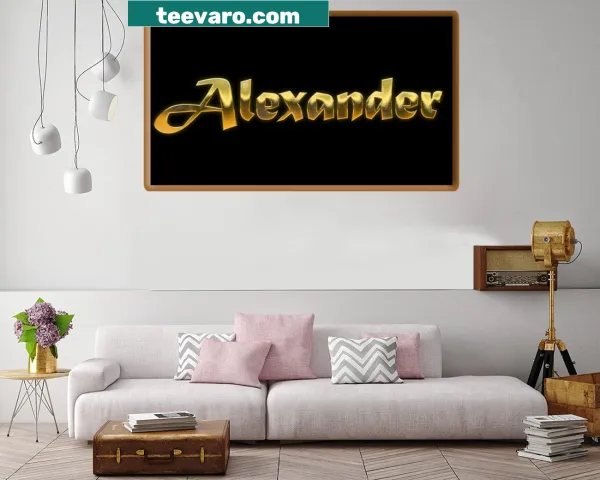 Hand-lettered canvas print of the name 'Alexander' in gold