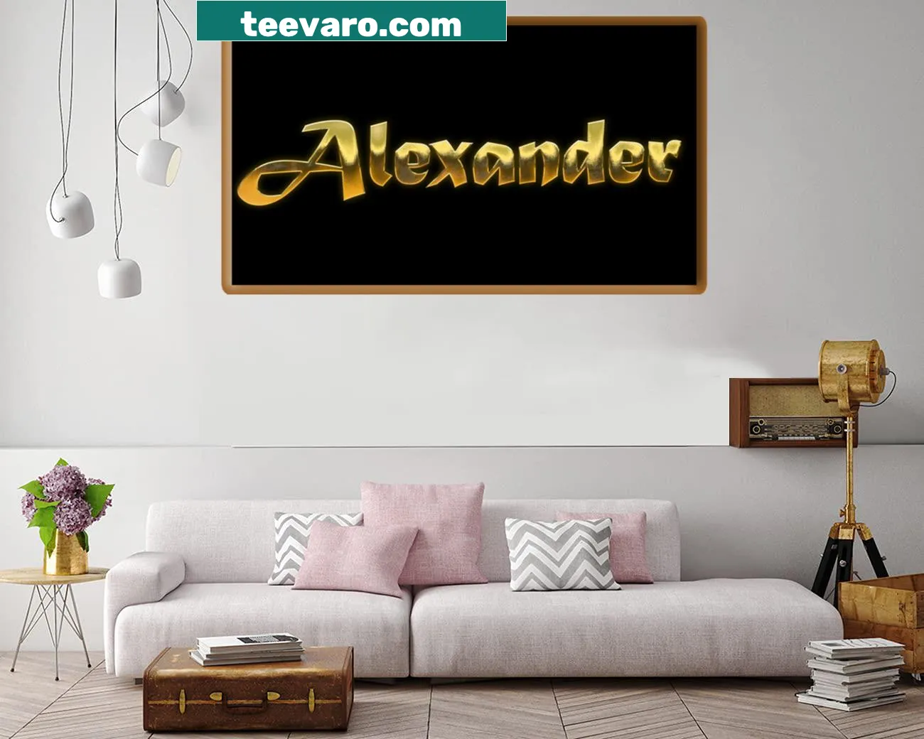 Hand-lettered canvas print of the name 'Alexander' in gold