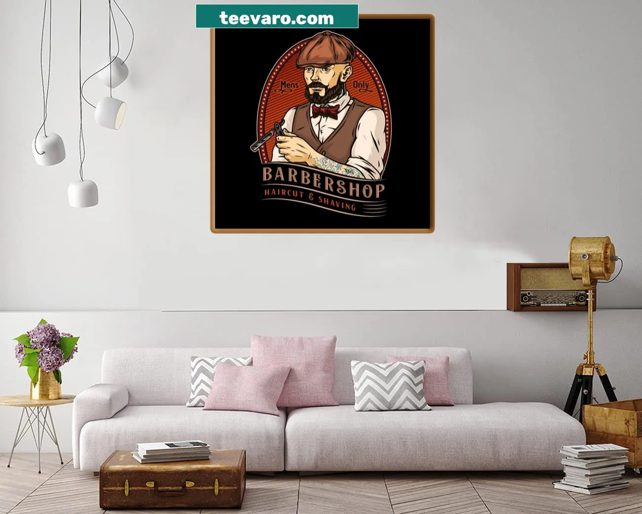 Canvas print showcasing barbershop tools and haircutting scene