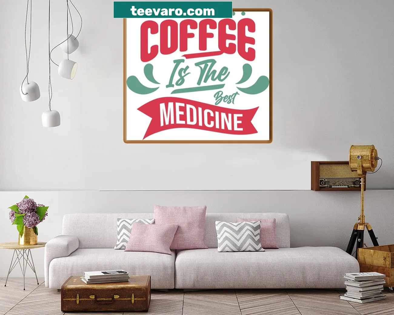 Illustrative canvas featuring coffee cups and text about coffee being the best medicine