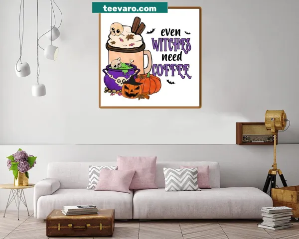 Whimsical canvas print of a witch needing coffee