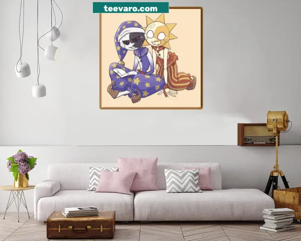 Illustration of FNAF Sundrop and Moondrop characters on canvas