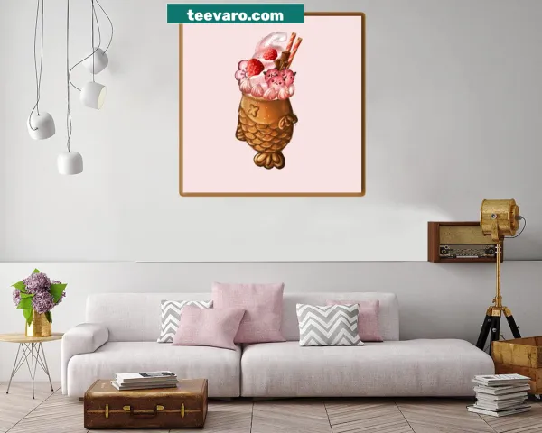 Kawaii illustration of a strawberry cream taiyaki cake