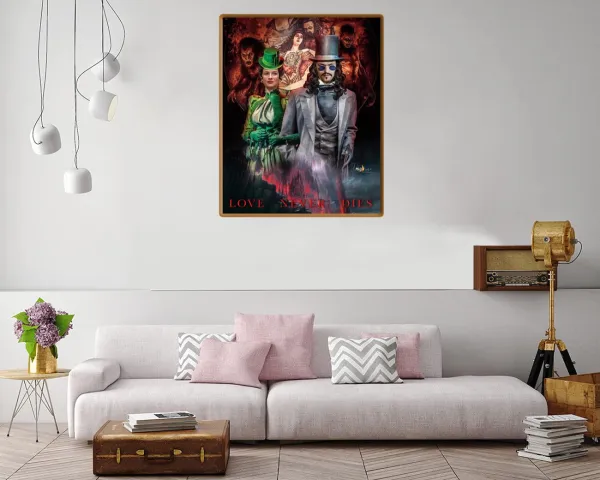 Illustration of Love Never Dies in Halloween-themed canvas print
