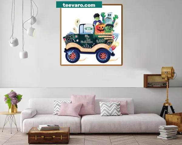 Cartoon monster truck decorated for Halloween, perfect for festive decor