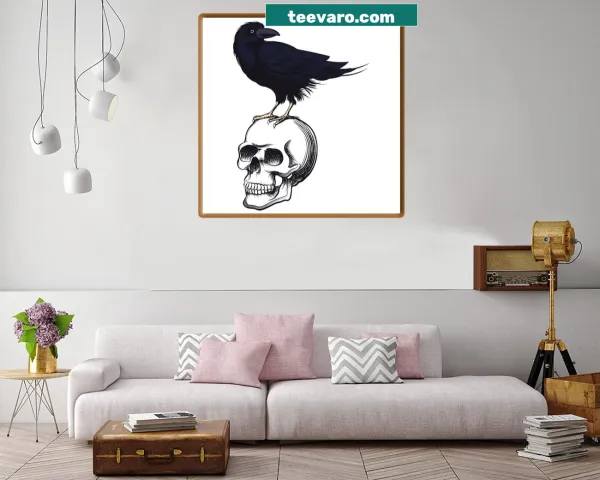 Raven perched on a skull illustration on canvas