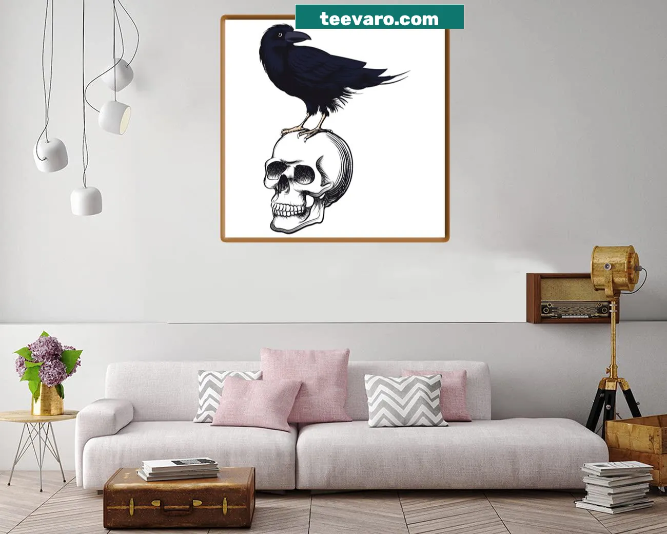 Raven perched on a skull illustration on canvas