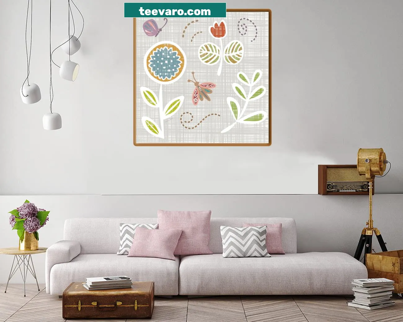 Retro-inspired canvas print of a butterfly in a country garden setting.