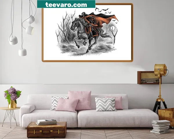 Headless Horseman riding through a moonlit night, dramatic illustration
