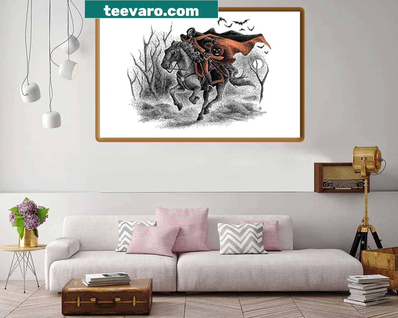Headless Horseman riding through a moonlit night, dramatic illustration
