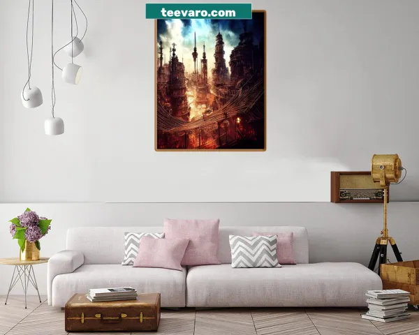 Intricate steampunk landscape illustration on a canvas print.