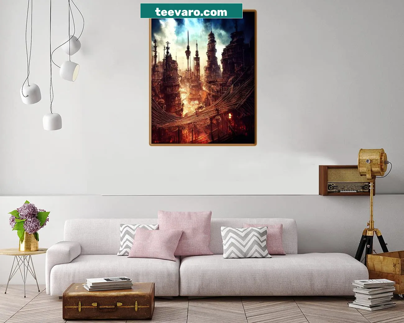 Intricate steampunk landscape illustration on a canvas print.