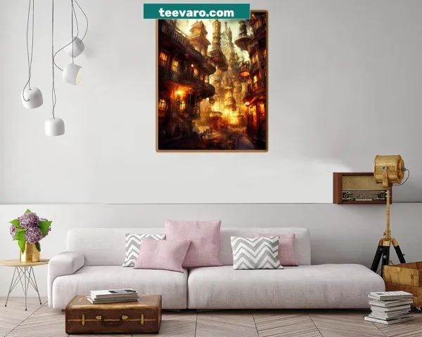 Steampunk landscape print with mechanical elements and vintage charm