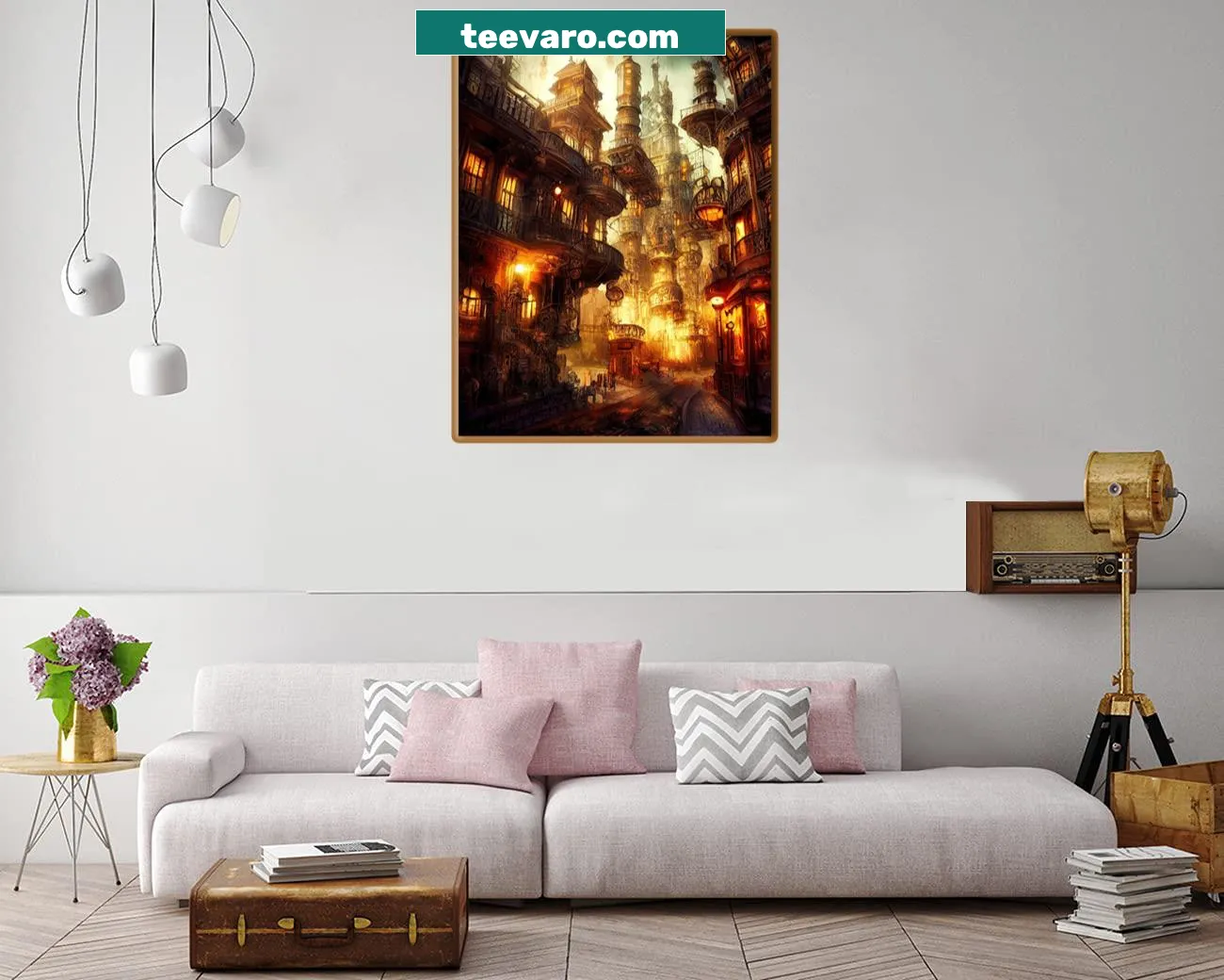 Steampunk landscape print with mechanical elements and vintage charm