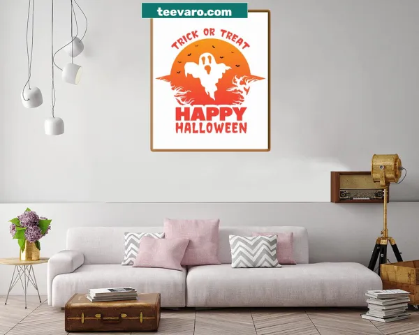Playful Halloween scene with trick-or-treaters and festive symbols.