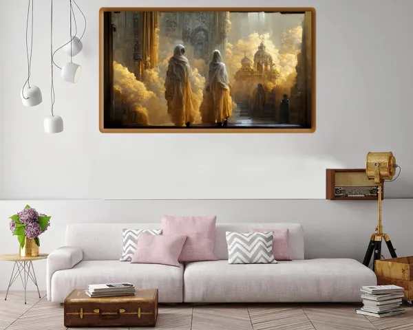 Elegant illustration of two religious figures in white and gold