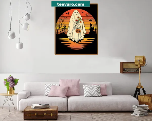 Vintage Halloween print with floral ghost and pumpkin design