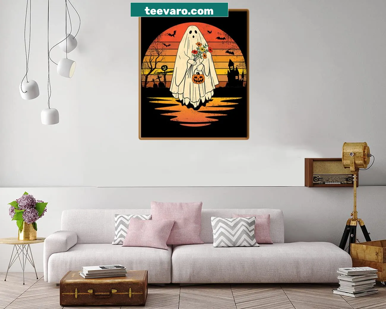 Vintage Halloween print with floral ghost and pumpkin design