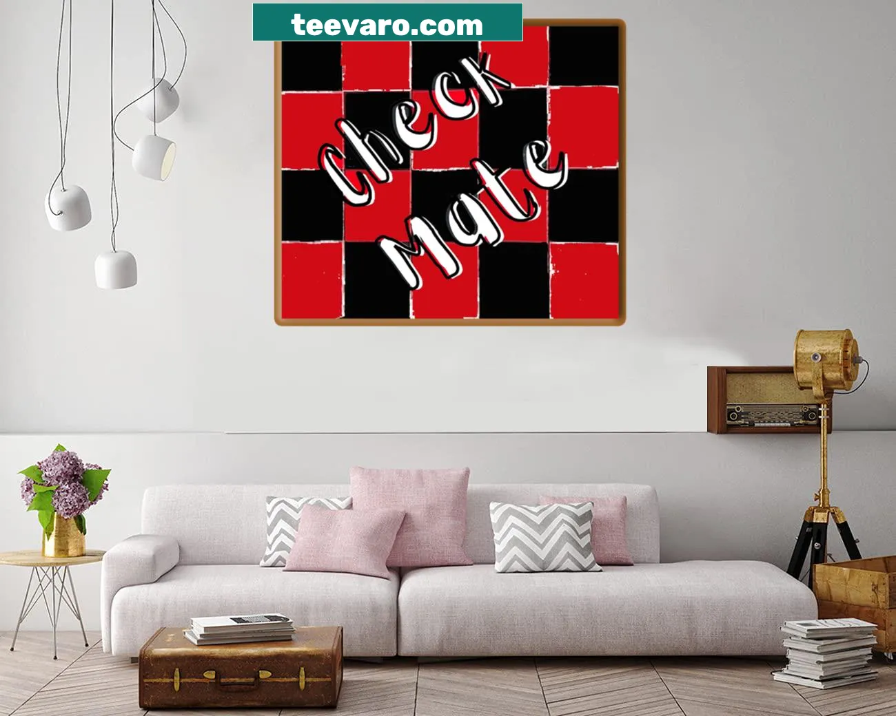 Playful canvas print illustrating the phrase 'Check Mate' related to chess.