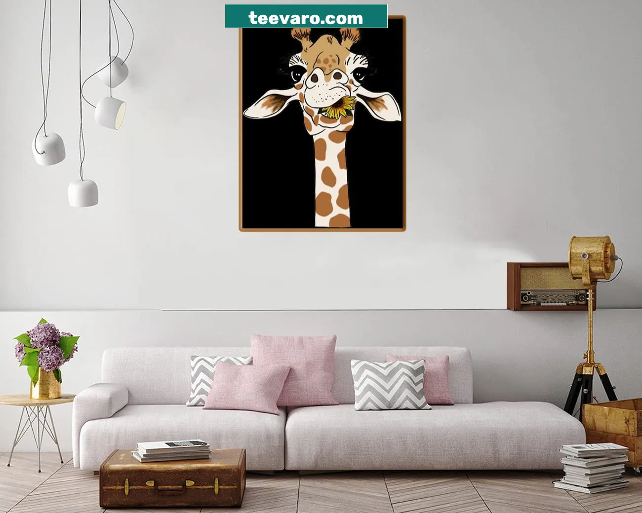 Canvas print of a giraffe with a sunflower illustration