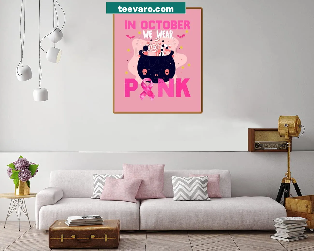 Playful pink ghost Halloween canvas print for breast cancer awareness
