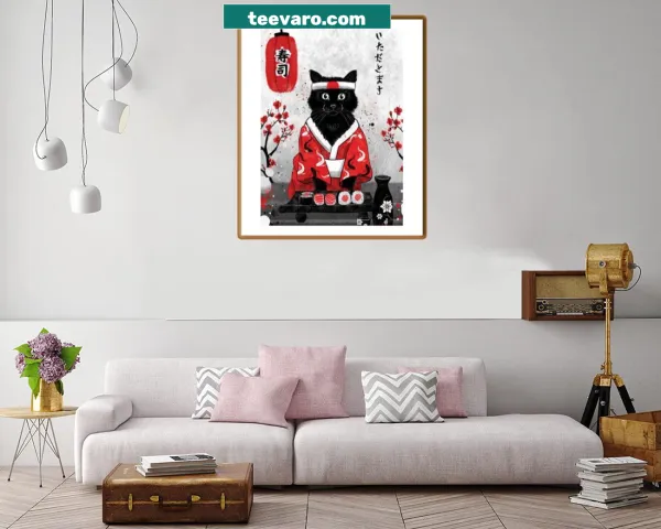 Kawaii art print of cute cats enjoying sushi