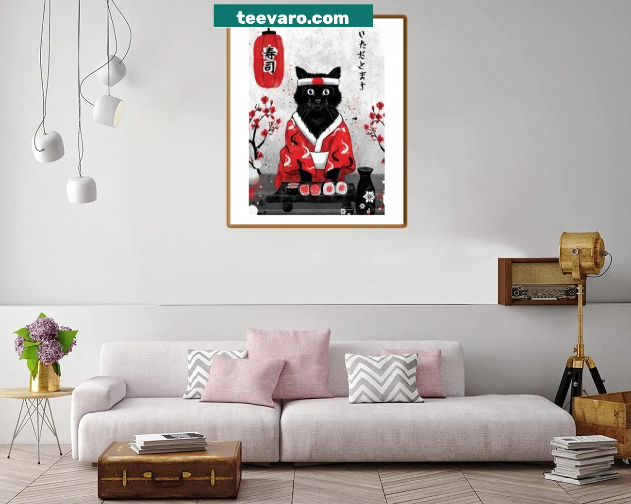 Kawaii art print of cute cats enjoying sushi