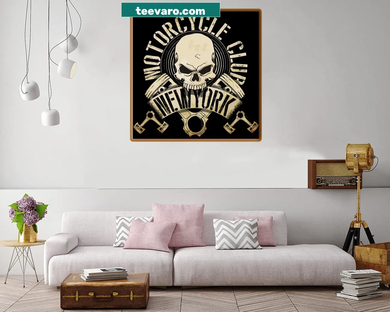 Bold canvas print representing the New York Motorcycle Club with motorcycle graphics