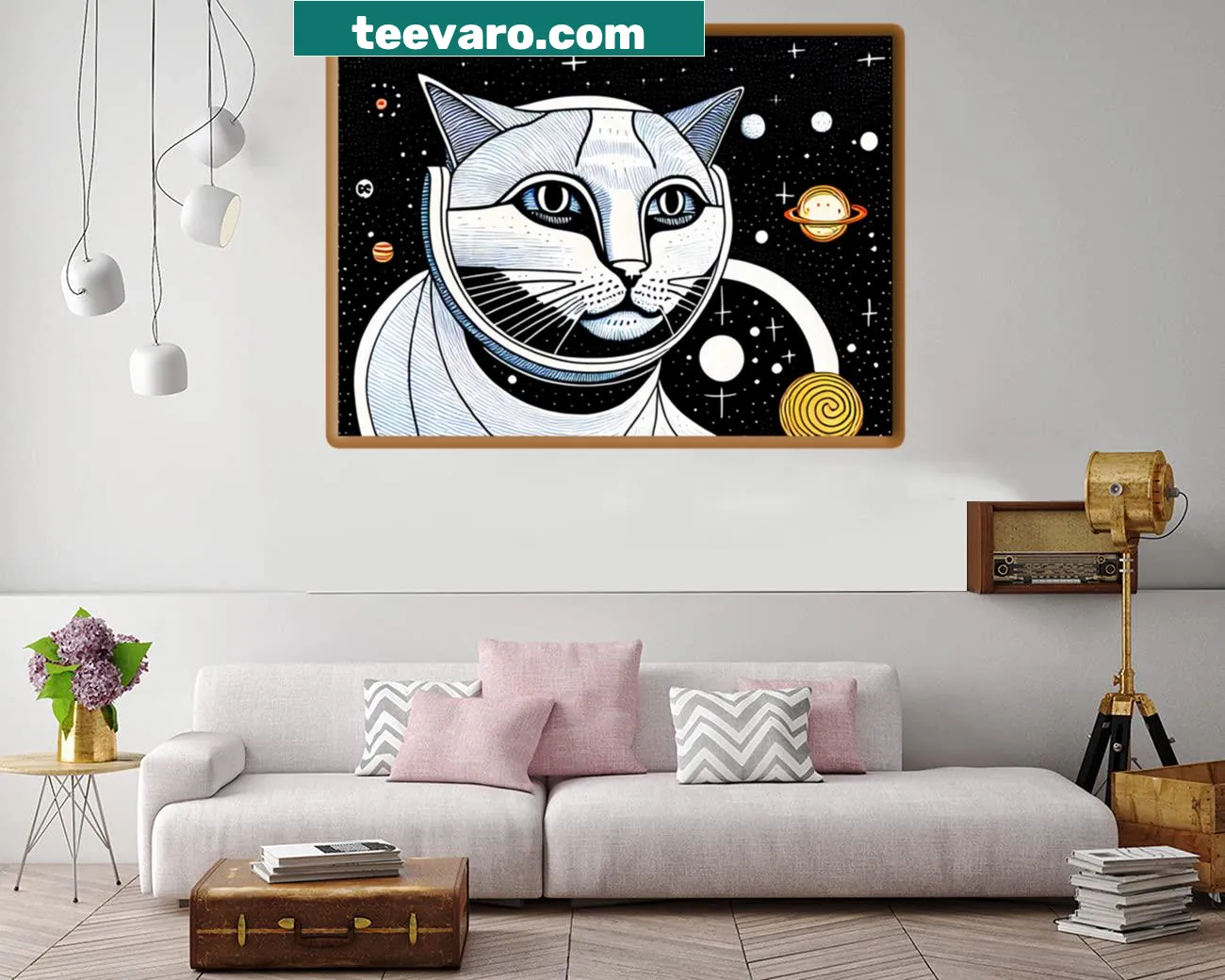 Whimsical cat in space illustration on canvas
