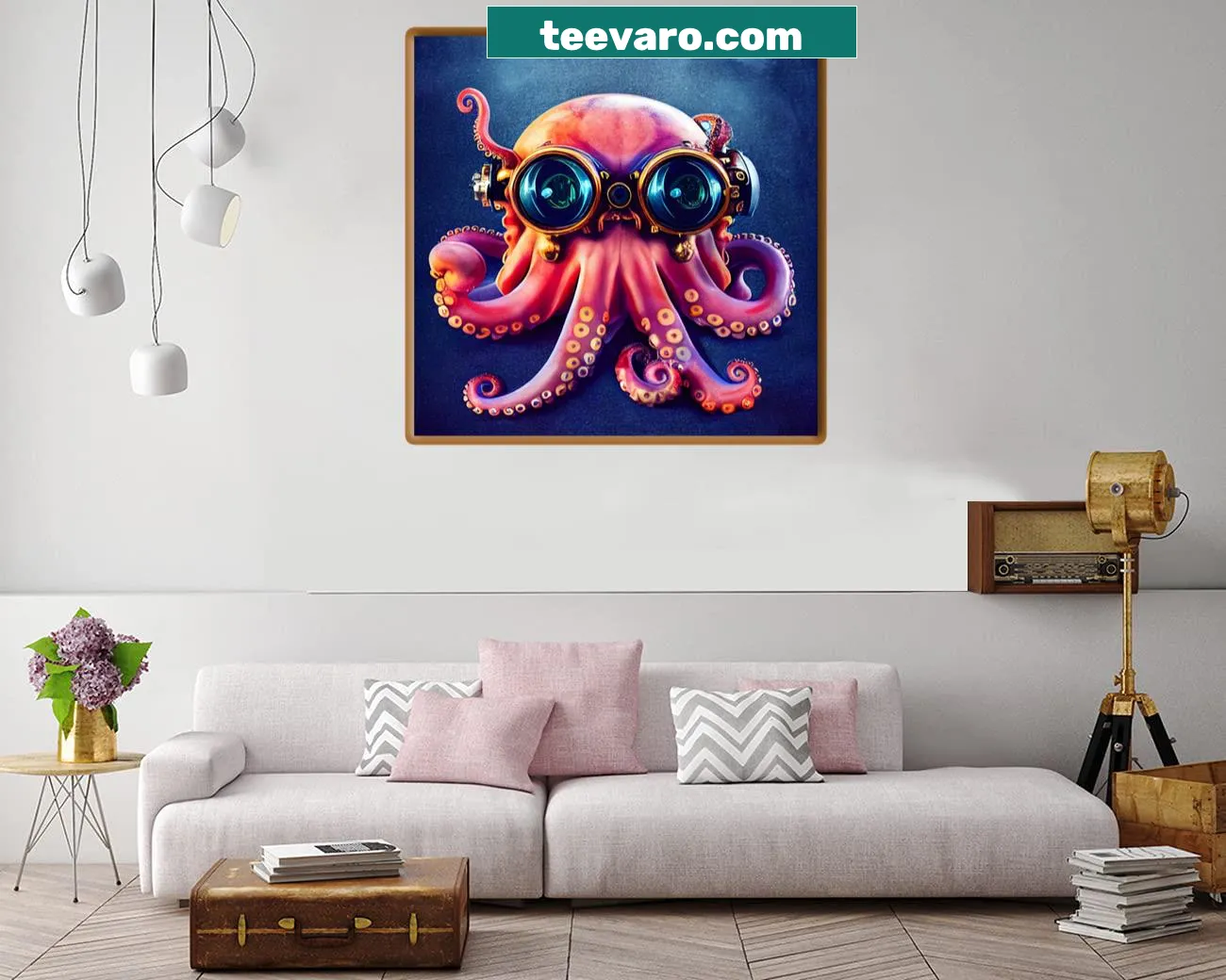 Cartoon octopus with steampunk goggles on canvas