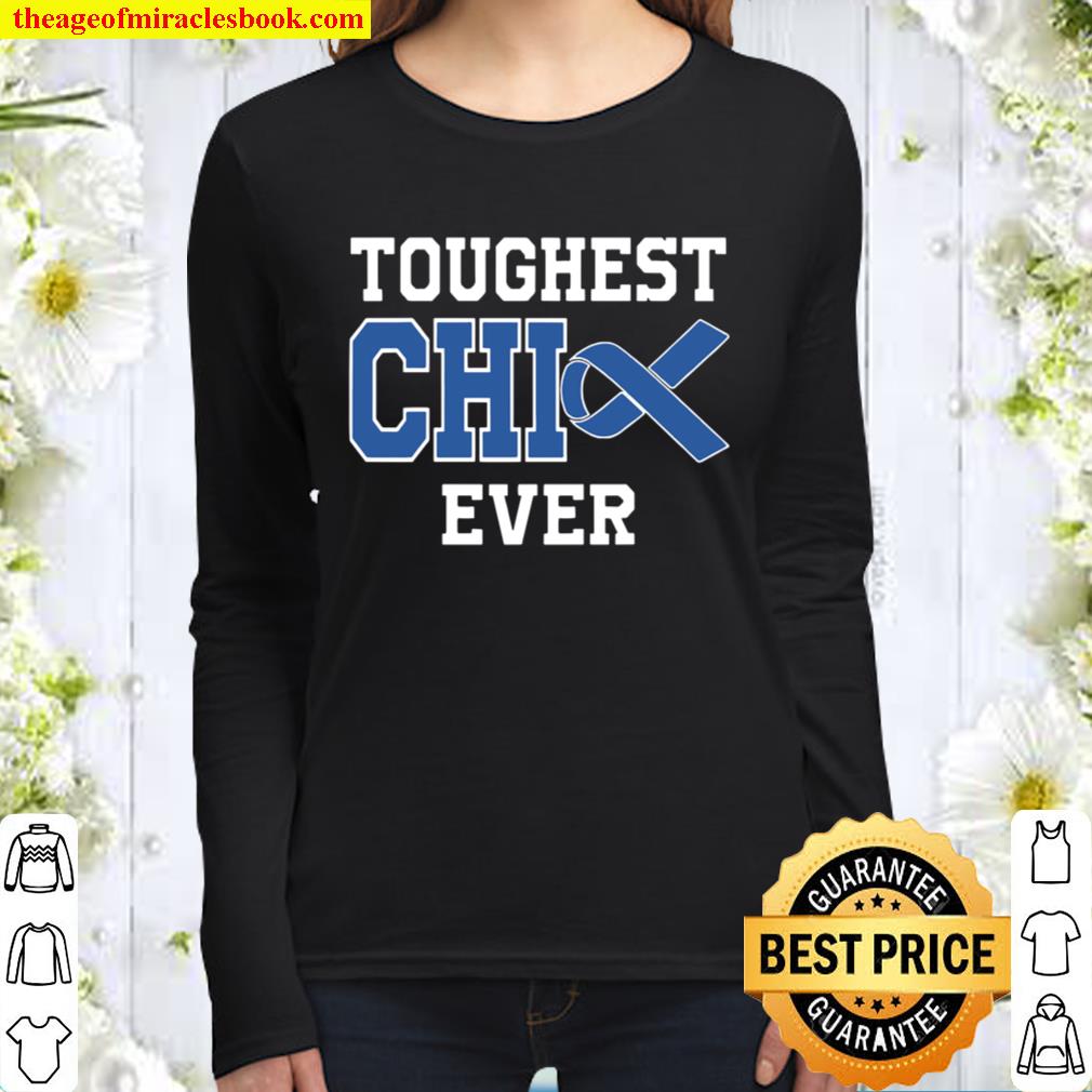 Toughest Chick Ever Colon Cancer Awareness Blue Ribbon Women Long Sleeved