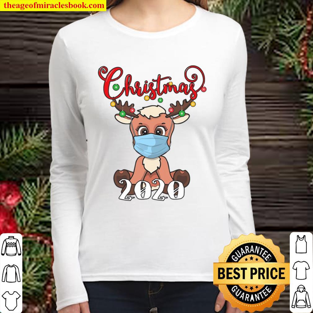 Christmas Reindeer In Mask 2020 Quarantine Matching Pajama Women Long Sleeved