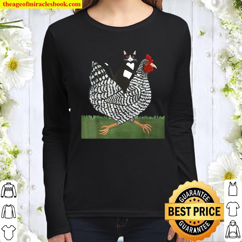 Tuxedo Cat Riding a Chicken Women Long Sleeved