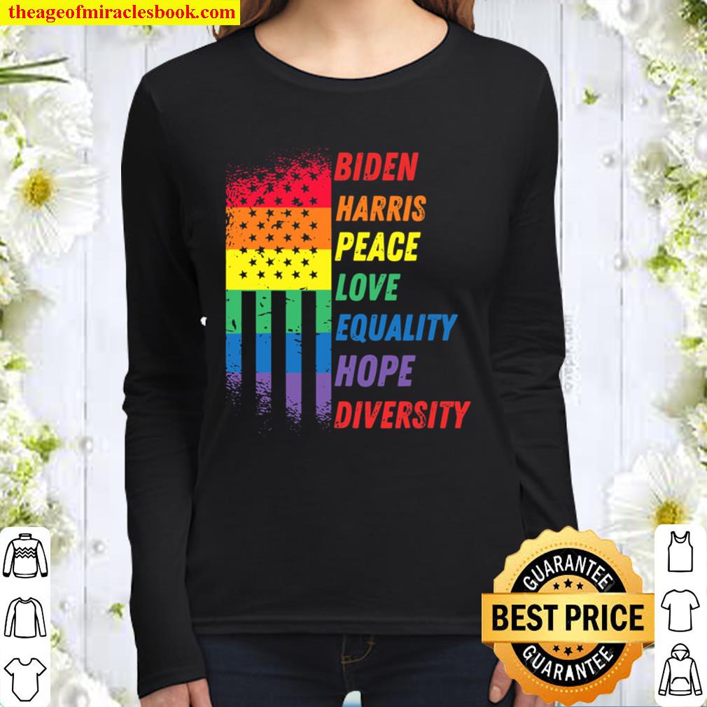 Biden Harris Rainbow American Flag Novelty Tee Inauguration Women Long Sleeved