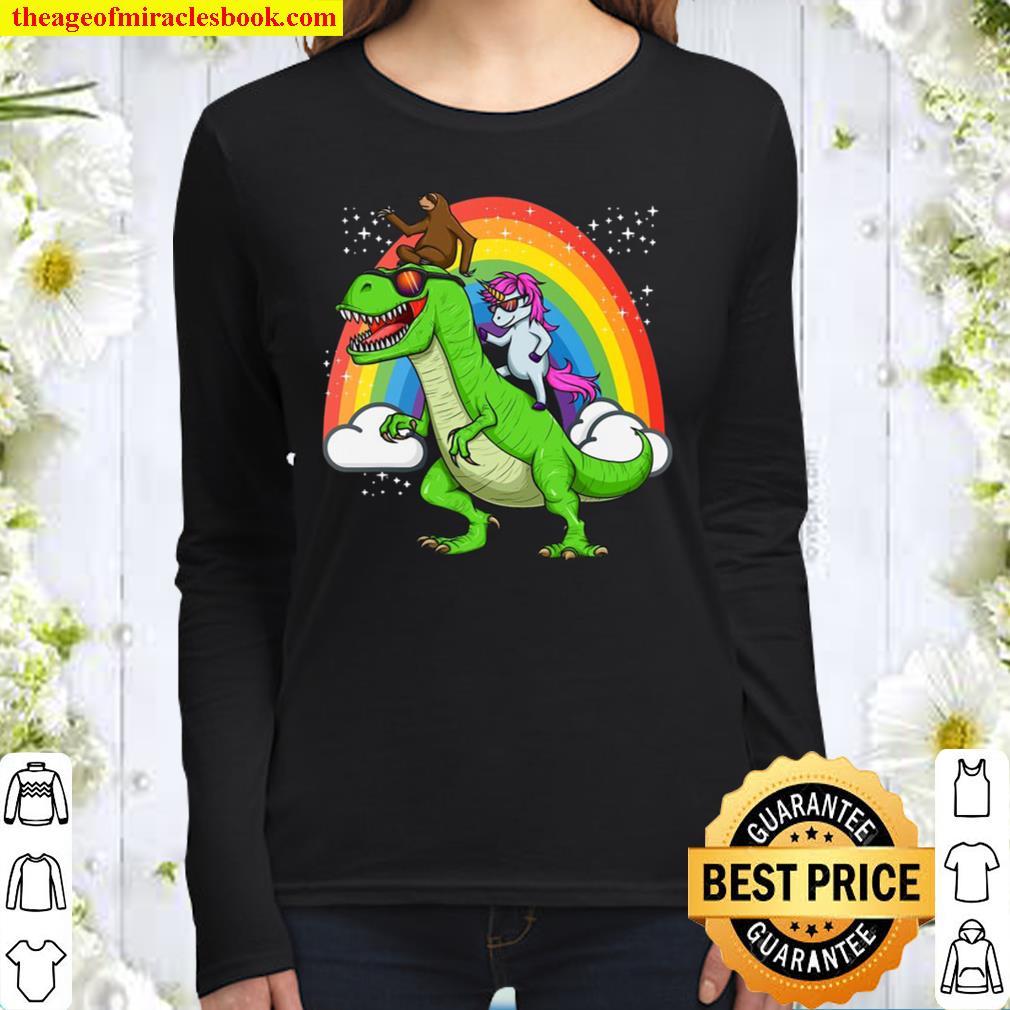 Unicorn Sloth Riding Dinosaur T Rex Rainbow Gift Women Long Sleeved