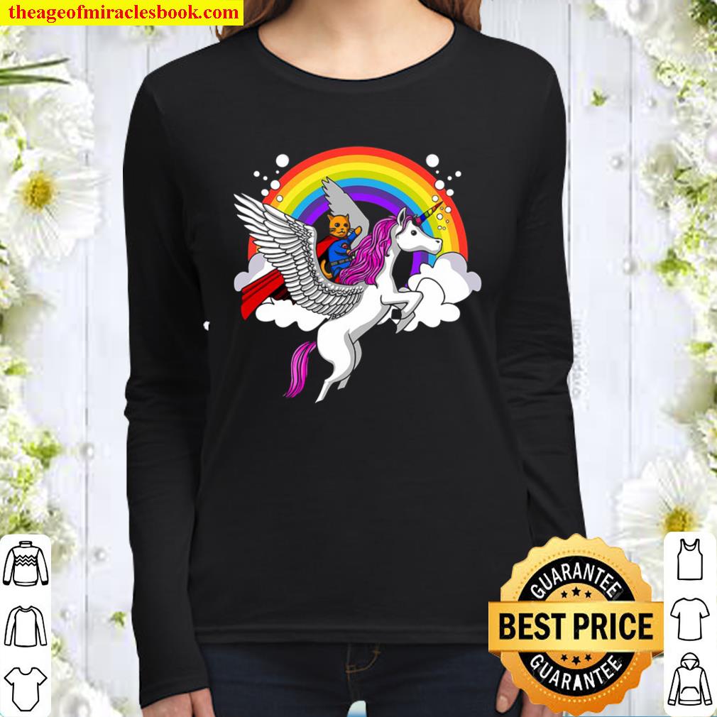 Cute Cat Riding Pegasus Unicorn Magical Kids Girls Women Long Sleeved