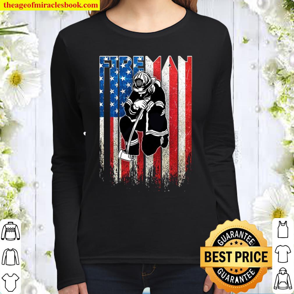Fireman And American Flag Women Long Sleeved