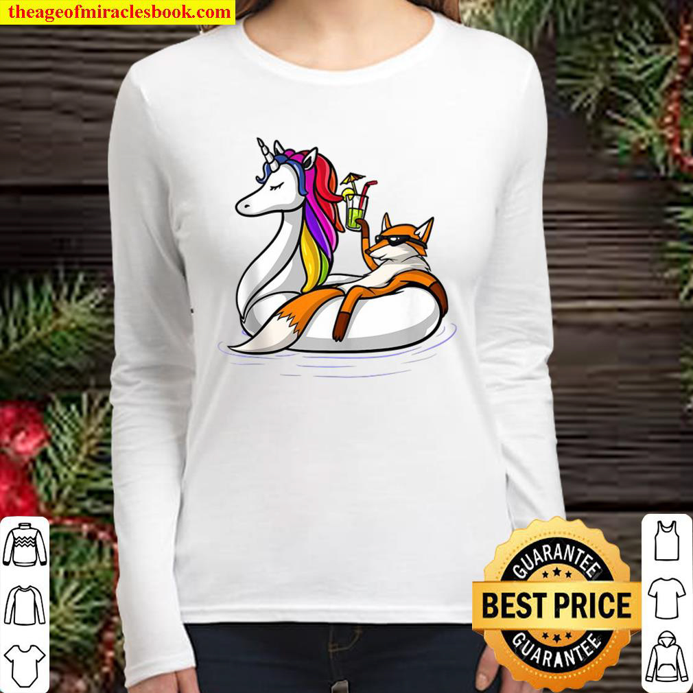 Fox Riding Unicorn Float Pool Party Funny Kids Girls Boys Women Long Sleeved