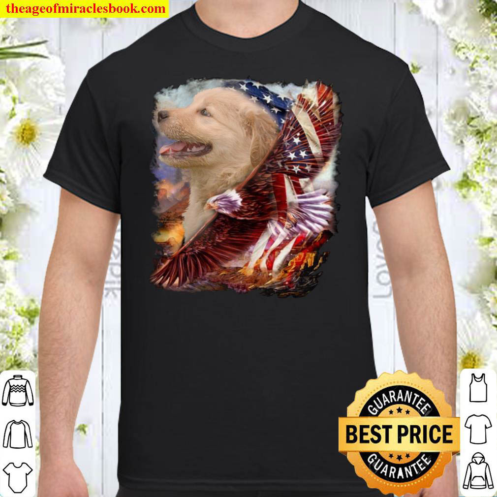 [Best Sellers] – Puppy Golden Retriever Behind American Flag With Eagle Unisex T-shirts