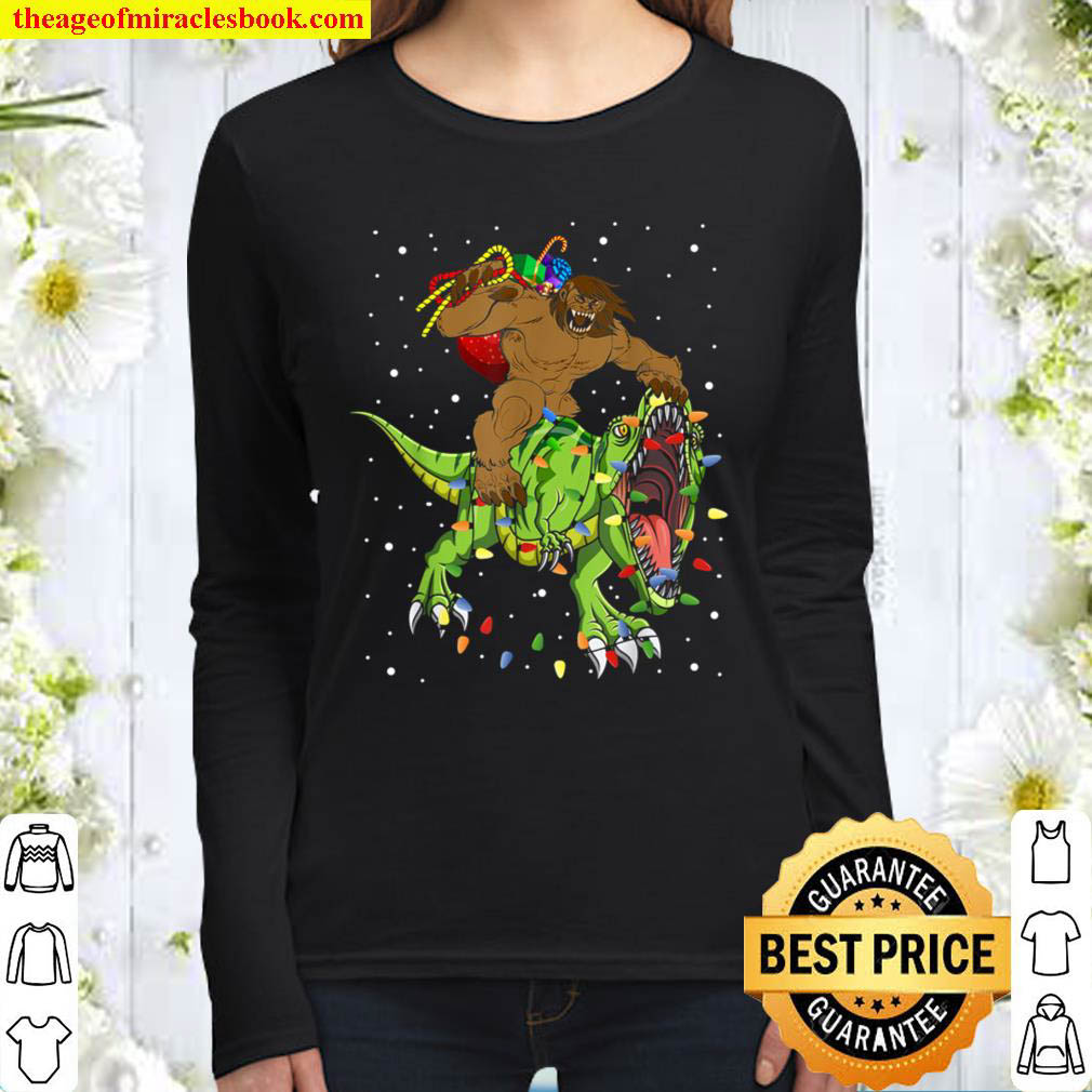 Bigfoot Riding Tree Rex Lights Dinosaur Christmas Women Long Sleeved