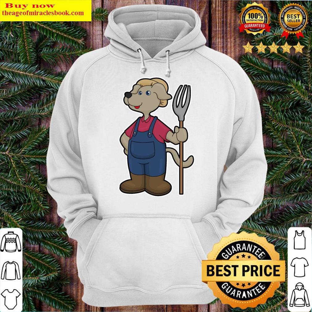 dog as farmer with rake hat hoodie
